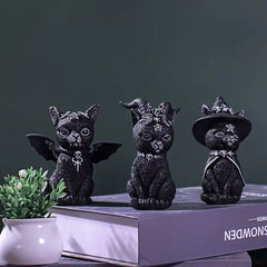 Mystical Black Cat Resin Ornament - Winged & Horned Fantasy Feline Sculpture for Desktop Decor & Unique Gifts