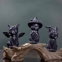 Mystical Black Cat Resin Ornament - Winged & Horned Fantasy Feline Sculpture for Desktop Decor & Unique Gifts