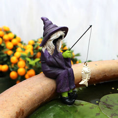 Creative Fishing Witch Resin Ornament, Halloween Desktop Decoration, Aquarium & Flower Pot Decorative Figurine
